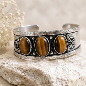 Earthbound Tiger Eye Trio Gem Wide <b>Cuff</b> Bezel Setting Handcrafted <b>Silver</b>/Gold Plated Brass Vintage Gift Jewelry - Product Image 3