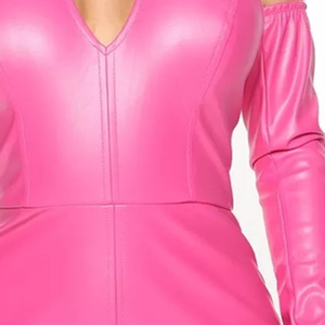 Pink Solid Color Leather Bodycon Dress With Top Natural Waistline Woven Fabric Comfortable Career Leather Dress - Product Image 6