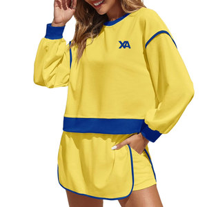 Conjunto de Sudadera y Pantalones Cortos Casuales para Mujer, Estampado Sólido, Lona Lavada, 100% Algodón Ecológico, Dos Piezas, para Viajes y Vacaciones - Product Image 1
