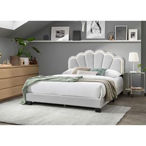 Letto matrimoniale bianco con LED, completamente imbottito, in tessuto di lana con testiera a design floreale, struttura resistente - Product Image 4