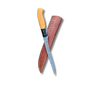 Cuchillo de caza A&M Enterprises de acero de Damasco, hoja larga con punta caída, mango bicolor de madera y micarta, 12 pulgadas - Product Image 1