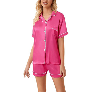 \Pink Satin Short Sleeve <b>Pajama</b> Loose Fit Women Night <b>Suit</b> Short Sleeve Crew Neck Shorts Set Elastic Waist Home - Product Image 1