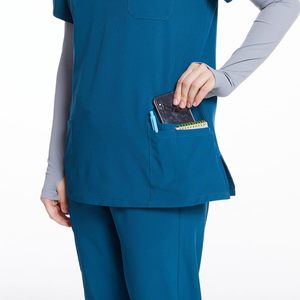 Ensemble de blouses bleues pour femmes, en coton et polyester tissé, col en V, prêt pour le stéthoscope, uniforme d'infirmière d'hôpital - Product Image 4