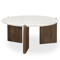 Table basse de salon contemporaine à plateau rond en marbre blanc avec trois pieds pliants en bois de manguier massif pour la maison ou le bureau
