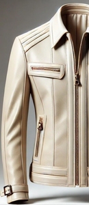 Blouson moto en cuir véritable beige pour homme, col rabattu, fermeture éclair, coupe ajustée, manches classiques, couleur unie, automne - Product Image 3