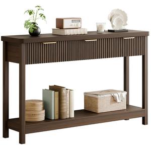 Table de canapé combinée en fer moderne avec design texturé côtelé et étagère de rangement inférieure pour salon et entrée - Product Image 1