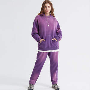 Conjuntos de sudadera y pantalón de chándal de invierno con lavado ácido, 100% algodón, gruesos, con cremallera, apliques y corte acampanado para hombre - Product Image 2