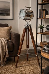 Modern Design Wooden <b>Tripod</b> <b>Floor</b> <b>Lamp</b> Round Adjustable Spotlight With Metal Cage And Chain Support - Product Image 6