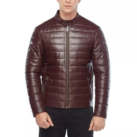 Veste matelassée en cuir véritable marron pour homme Afernon Industry, col montant, fermeture éclair, coupe-vent, respirante, hiver