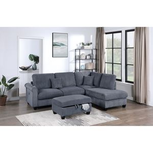 Set Divano Sezionale Contemporaneo in Velluto a Coste Grigio Scuro 3 Pezzi con Chaise Longue e Pouf per Soggiorno - Product Image 1