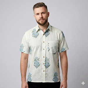 Chemise décontractée pour homme à manches courtes en coton à imprimé floral, col rabattu, fermeture à bouton unique, style tissé respirant pour l'été - Product Image 1