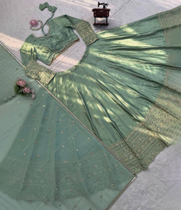 ชุดเลเฮนกาโชลีผ้าซาตินสีเขียวแบบดั้งเดิมสไตล์อินเดีย-ปากีสถาน ความยาว 3.5 เมตร ทรงบาน สำหรับฤดูร้อนและฤดูหนาว ป้องกันแสงแดด แห้งเร็ว เหมาะสำหรับเทศกาลดีวาลี - Product Image 2