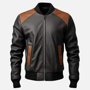 Men's PU Leather Bomber Jacket Moto Style Zipper Closure Turn-down Collar Solid Black Brown Accents Autumn Wear - Product Image 1