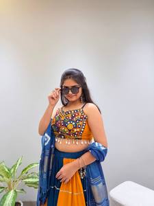 Indian Women's Traditional <b>Lehenga</b> Choli Set Blue Orange Embroidered <b>Crop</b> <b>Top</b> Floor-Length Skirt Party Wear RAYON Loose Fit All - Product Image 6