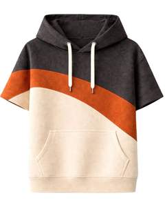 Customized Men Charcoal Rust Color Block <b>Short</b> <b>Sleeve</b> Hoodie Pullover Cotton Fleece Casual Streetwear Kangaroo Pocket <b>Sweatshirt</b> - Product Image 1