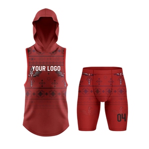 Custom Red Hooded Tank Top and <b>Compression</b> <b>Shorts</b> Set with Geometric Print and Quick Dry Fabric for Adults Unisex Athletic Wear - Product Image 1