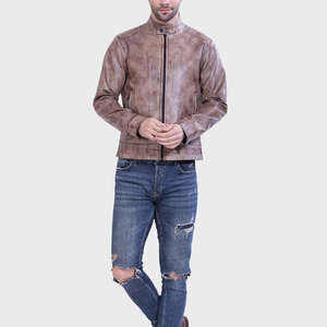Chaqueta de Cuero Marrón Lavado de Alta Calidad con Cierre de Cremallera, Chaqueta de Cuero de Moda para Invierno, Material Cálido - Product Image 4