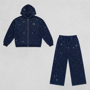 Sweat-shirts tendance à strass, ensembles de jogging surdimensionnés personnalisés imprimé camouflage léopard, sweat-shirt Y2K en molleton de coton épais à fermeture éclair intégrale pour hommes - Product Image 5