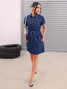 MOD Vestido vaquero sin mangas con cuello cuadrado plisado de color liso y dobladillo asimétrico para mujer - Product Image 6