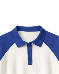 Customized Blue And <b>White</b> Women Cropped Polo T <b>Shirt</b> Raglan Sleeve Striped Sleeve Casual Cotton Top Button Placket Summer Tee - Product Image 4