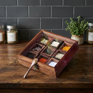 Boîte à épices en bois artisanale avec 9 compartiments et cuillère, organiseur de rangement pour épices de cuisine, boîte à masala en bois - Product Image 5