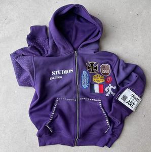 Sweat à capuche unisexe personnalisé avec fermeture éclair et délavé à l'acide 100% coton brodé de logo Rhinestone hiver Sweat à capuche surdimensionné pour hommes - Product Image 2