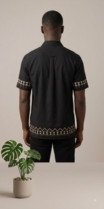 Men's Black Cotton Poplin <b>Short</b> <b>Sleeve</b> <b>Shirt</b> With Geometric Embroidery Turn-down Collar Casual Summer Wear Breathable - Product Image 1