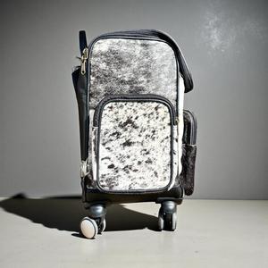 Western Rolling <b>Backpack</b> Cowhide Checkered Fur Zipper Closure Large Capacity Unisex Travel Bag with <b>Wheels</b> - Product Image 2