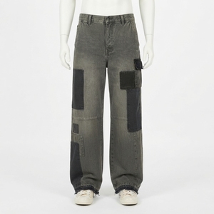 Pantalon cargo en jean délavé pour homme, taille mi-haute, coupe droite, style utilitaire patchwork, en tissu de coton tissé, idéal pour l'automne - Product Image 1