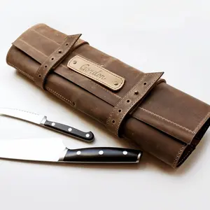 Estuche enrollable para cuchillos, bolsa de almacenamiento de herramientas de cocina con 5 bolsillos, estuche de transporte de cuero genuino, LKR-0066 enrollable