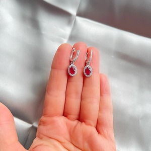 925 <b>Silver</b> Ruby Oval Cut Drop <b>Earrings</b> Rhodium Plated Minimalist Christian Engagement <b>Wedding</b> Certified Trendy Women's Jewelry - Product Image 2