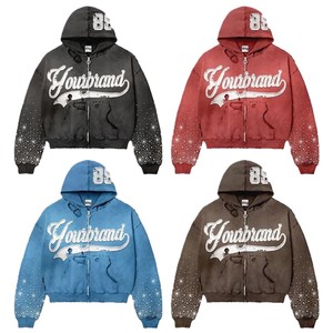 Men's Custom Rhinestone Embroidery <b>Zip</b>-<b>Up</b> <b>Hoodie</b> Streetwear Distressed Acid Wash Vintage Faded Boxy Fit 100% Cotton <b>Hoodie</b> - Product Image 1