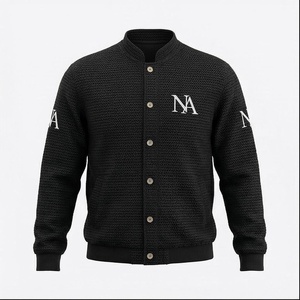 <b>Men's</b> Black Knitted Button-Up Hoodie Embroidered NA Logo Regular Fit Hooded Casual Winter Wear 100% Cotton Breathable Quick Dry - Product Image 1