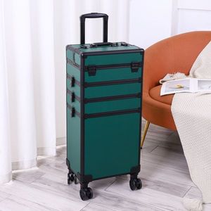 4-in-1 Dark Green Draw Bar Style Interchangeable Aluminum Rolling Makeup Case - Product Image 1