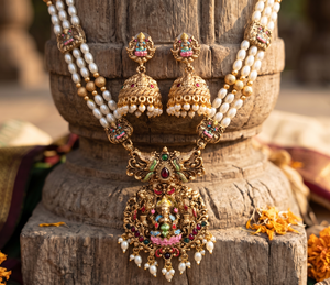 Parure de bijoux Divyoro traditionnelle Ganesha avec collier de perles et boucles d'oreilles, en alliage plaqué or, classique, pour femme, mariage, fête, fiançailles, hindou - Product Image 4