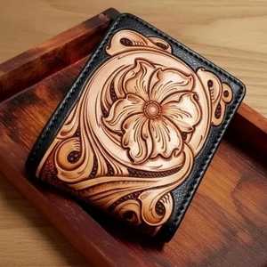 Luxury Leather Handmade <b>Wallet</b> With Floral Carving Design Brown <b>Black</b> Color - Product Image 1