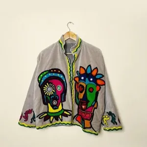 Veste en velours kaki de qualité supérieure, brodée de fleurs, motif Suzani, manches longues, col montant, style bohème, manteau d'hiver pour femmes - Product Image 3