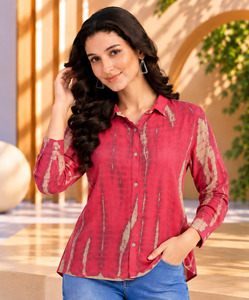 <b>Women's</b> Cotton Tie Dye Long Sleeve Button Down Shirt Casual <b>Red</b> Collared Vintage <b>Blouse</b> Top - Product Image 1
