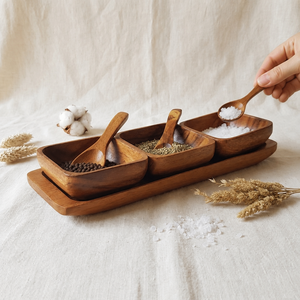 Handcrafted Acacia Wood Serving Bowl Set with <b>Tray</b> and Spoons Eco-Friendly Modern Farmhouse <b>Condiment</b> Server for Snacks - Product Image 3