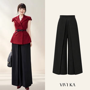 Women's Black Polyester Spandex Wide Leg <b>Split</b> Pants Casual Office High Waist Designer <b>Trousers</b> Fashion Pants ELOWEN - Product Image 1