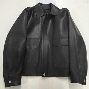 Blouson aviateur en cuir noir pour homme MANWA, col montant, fermeture éclair, style décontracté, longueur standard, hiver, style motard - Product Image 5