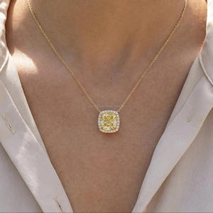Pendentif de luxe en diamant jaune taille coussin cultivé en laboratoire pour femme, collier halo en or massif 10K 14K 18K, bijoux fins, cadeau de mariage - Product Image 4