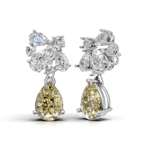 Boucles d'oreilles pendantes de luxe en or 18 carats avec diamant jaune taille poire et grappe florale de diamants blancs - Product Image 1