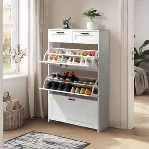 Mobile scarpiera in truciolato bianco stile rustico e appartamento, 3 cassetti, 2 sollevatori, 80x25x120cm - Product Image 1