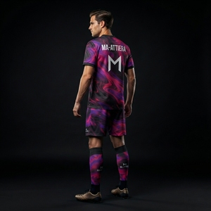 ชุดฟุตบอลแบบกำหนดเอง เสื้อ กางเกงขาสั้น สีชมพู สีม่วง ลายหินอ่อน ชุดทีม ชุดกีฬา รับผลิตแบบ OEM ODM ขายส่ง - Product Image 4