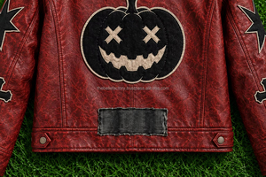 Blouson de motard gothique bordeaux avec motif chauve-souris, étoile et croix, style punk vieilli - Product Image 4