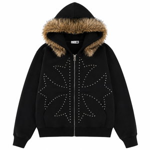 Sweat-shirt unisexe à capuche zippé avec design en strass, capuche en fausse fourrure, coupe oversize, vêtements décontractés d'hiver, sweats à capuche en gros - Product Image 2