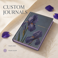Journal personnalisé LABON Iris Hour, couverture rigide bleu ardoise, bordure dorée, illustration botanique d'iris, bords lavande, grille à points, ruban