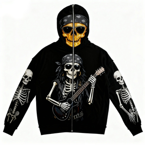 Custom Y2K <b>Skeleton</b> Guitar <b>Full</b> Zip Cropped Hoodie Gothic Skull Graphic Boxy Fit Streetwear Heavyweight Cotton Unisex - Product Image 1