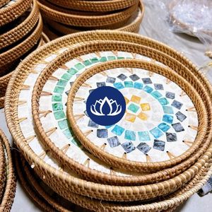 READY STOCK Rattan Tray With Mother Of Pearl For Snack Serving And Bedroom Organization Elegant Handmade Tray - Product Image 1